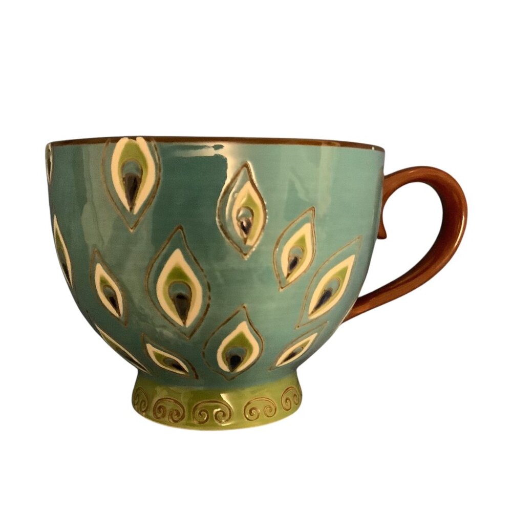 Pier 1 Imports Dolomite Peacock Hand Painted Footed Coffee Mug Tea Cup 3.5” Tall